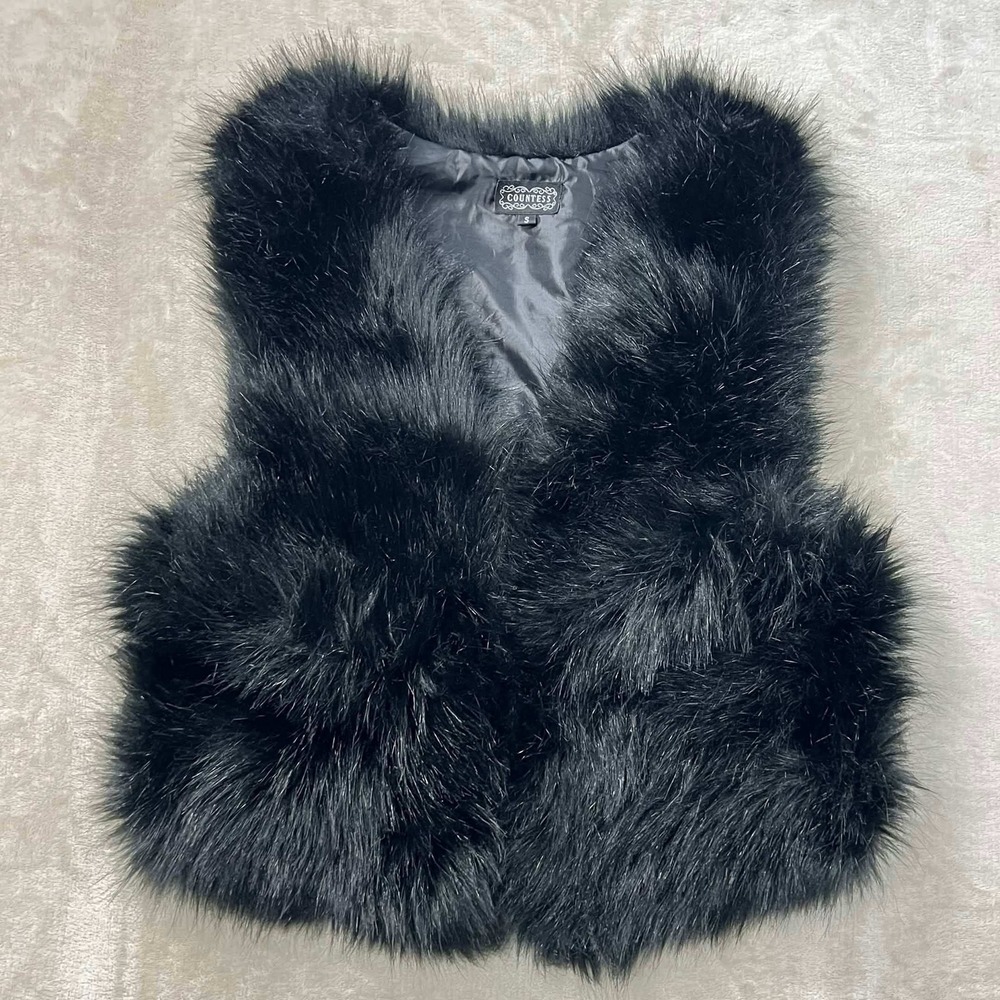 Countess Black Faux Fur Vest Sleeveless Hook Eye Closure J0497 Womens Small